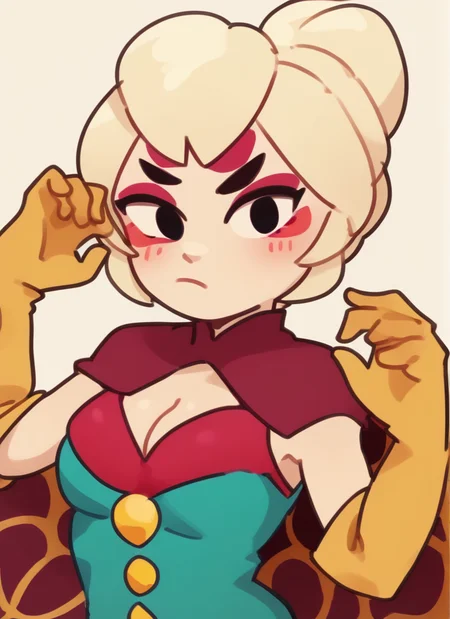 score_9, score_8_up, score_7_up, <lora:bscharlie:1> 1 girl , bscharlie , blonde hair , hair bun, yellow gloves ,elbow gloves, green bodysuit, red bra , red cape, cleavage, , green pantyhose, bare arms, looking at viewer, ,blush, <lora:Yagi_the_Goat_Style:1>by s1120411