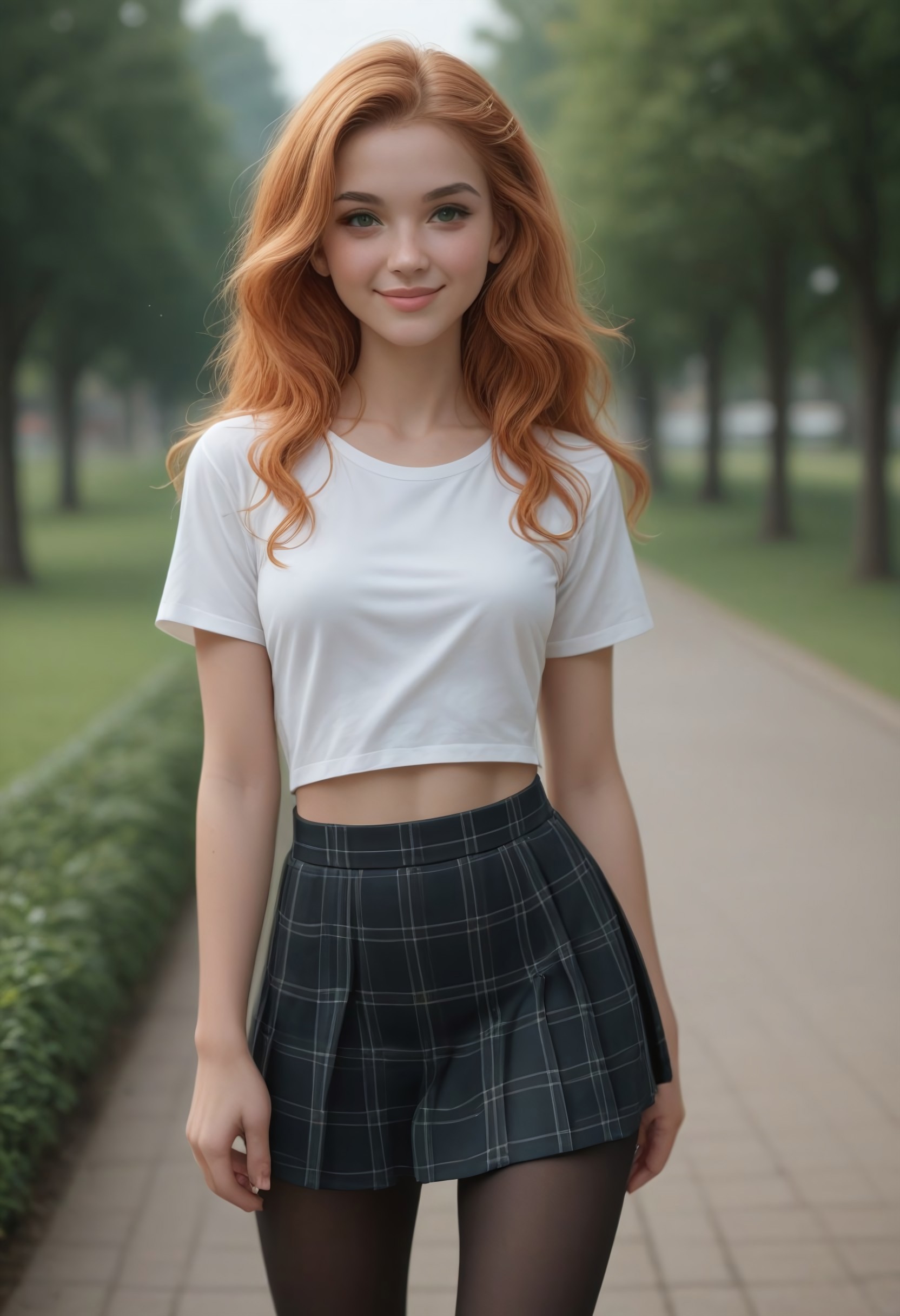 safe_pos, score_9_up, scorscore_9_up, score_8_up, score_7_up, bellissima, Chr1stm4s Cut13 3lf, cute, 1girl, solo, young, pretty face, sexy, long flowing ginger hair, big bright green eyes, skirt, black pantyhose, blush, walking in a park, pouty lips curled in a slight smile, depth of field.

