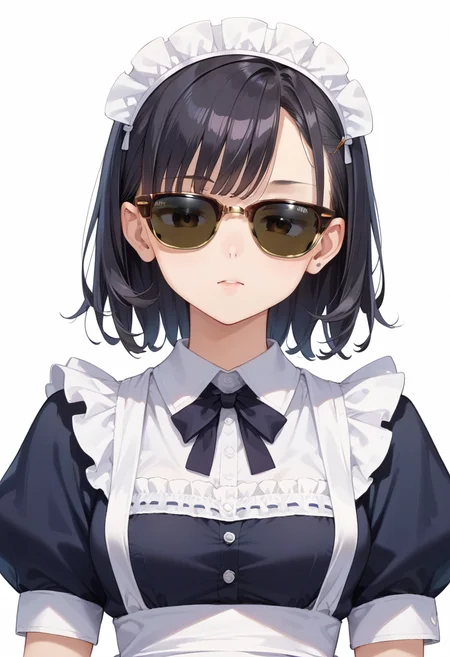 score_9, score_8_up, score_7_up, rating_safe, masterpiece, best quality, absurdres, unity 8k wallpaper, official art, official style, source_anime, uncensored, game cg, megami magazine,
1girl, solo, black hair, medium hair, upper body, covered eyes,maid, maid headdress, black dress, maid apron, face focus,
sirmont, sunglasses, white background, simple background, reflection, glasses, english text, brown-framed eyewear, yellow-framed eyewear, two-tone eyewear, darkblack-tinted eyewear, covered eyes,
<lora:glasses_clubmaster_PONY_V1:1>