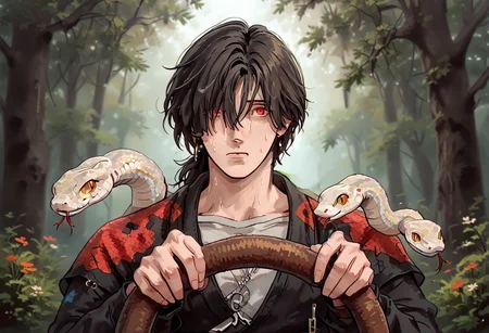 power crashes kobeni's car (meme), car interior, holding, steering wheel, look at viewer, crying with wide eyes open, nervous sweating, from front,A man with a snake on his shoulders smiles , human:1.2, (sn4k3, snake, snake on shoulders, upper body, FntsyPstlCE style), front_view, scaleless snake:1.6, white coloured snake:1.2, red eyes on snake, wheel of fortune background:1.2, rng wheel:1.5