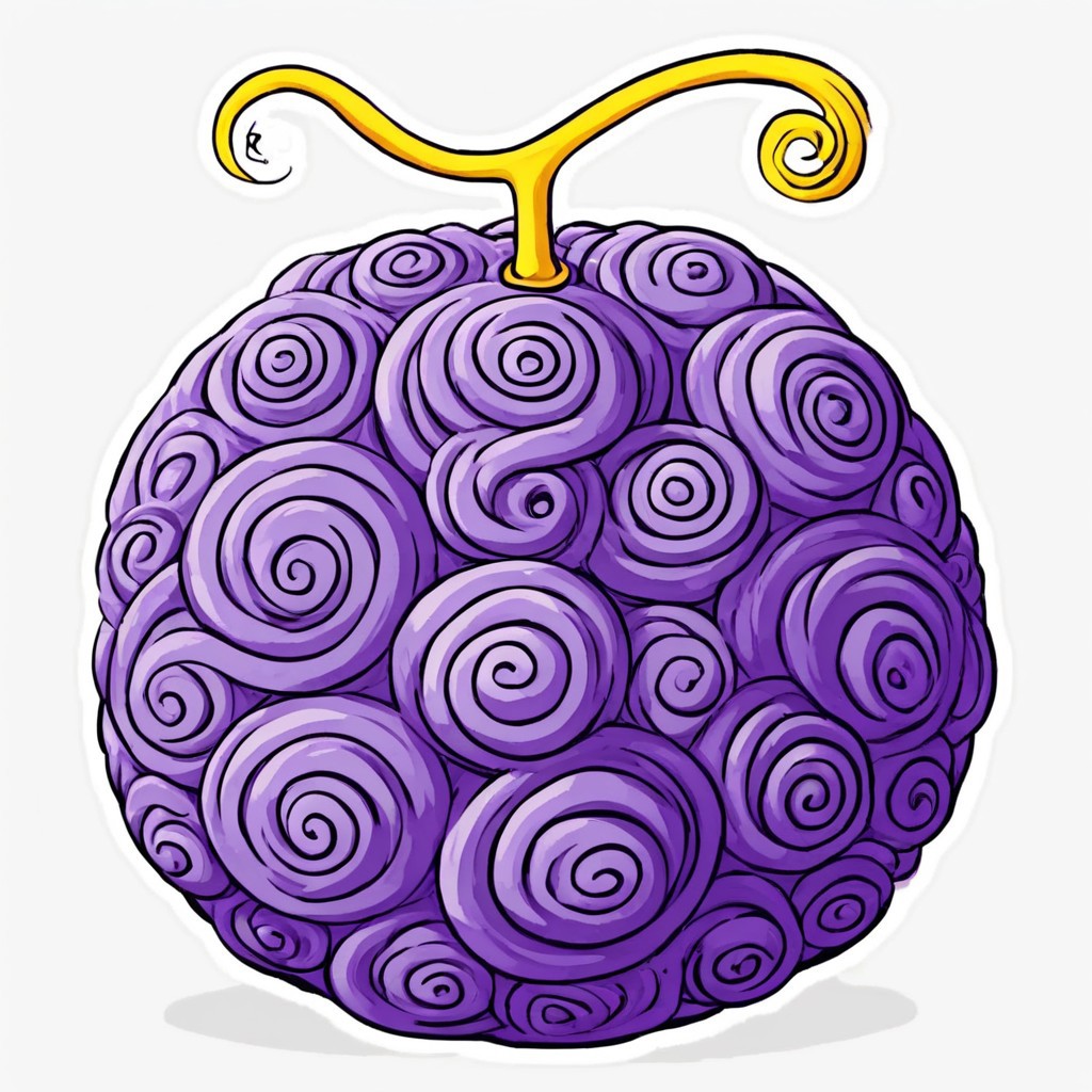 Masterpiece, simple design, 2D, spirals, violet, cantaloupe-shaped, yellow curly stem, BREAK
gomu gomu, hito hito, rubber, akuma, no mi, model, Nika, BREAK
white background, no humans,  food focus, thick lines, black outline, FLAT COLORS