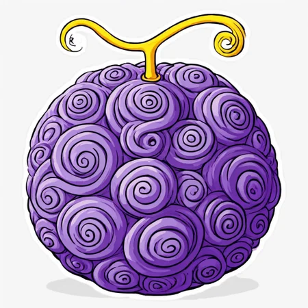 Masterpiece, simple design, 2D, spirals, violet, cantaloupe-shaped, yellow curly stem, BREAK
gomu gomu, hito hito, rubber, akuma, no mi, model, Nika, BREAK
white background, no humans,  food focus, thick lines, black outline, FLAT COLORS