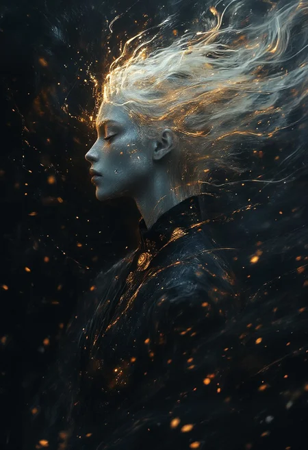 Aura Obscura, set against a backdrop of swirling shadows, an albino woman with pale, almost luminescent skin and a faint blue tint stands poised like a mythical figure. The steampunk aesthetic envelops her, with elaborate gold gears and cogs artistically integrated across her face and neck, lending an otherworldly quality. Her serious expression and large, round goggles conceal her eyes, suggesting depth and story beneath the surface. The scene is drenched in a moody atmosphere, with a pronounced light source from the left side creating a dramatic interplay of light and darkness, accentuating the gleam of metal and the softness of her skin, making the entire composition a striking blend of elegance and mystery.  <lora:xjie_Black gold:0.4>  <lora:Fantasy Flux:0.4> <lora:Don't Stop Me Now:0.4> d0ntst0pm3n0w