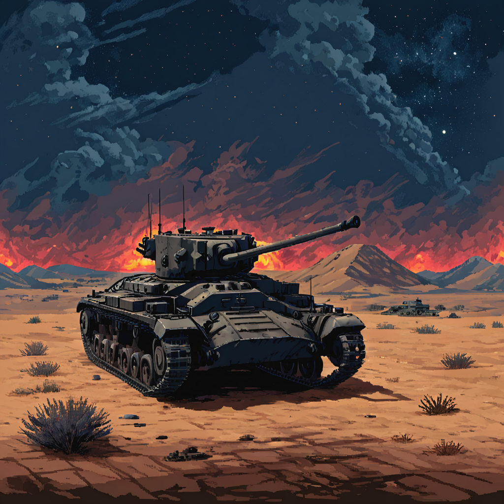 A nighttime operation in the Western Desert sees a tank silhouetted against a starlit sky, providing fire support during a raid on an Axis supply depot. The quiet before the action contrasts with the anticipated intensity of desert warfare  ((pulp_comic, heavy_lines, hand_drawn, hand_inked, hand_colored, perfect_face, apxlz))