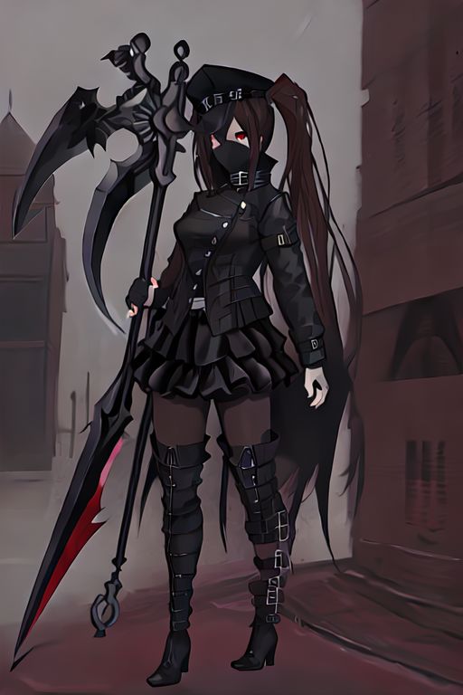 Succubus is a female with a long hair and red eyes, black police hat, wearing black bandanna that cover her face, black button jacket and short skirt, black thigh high boots, black gloves, black stockings, holding scythe,