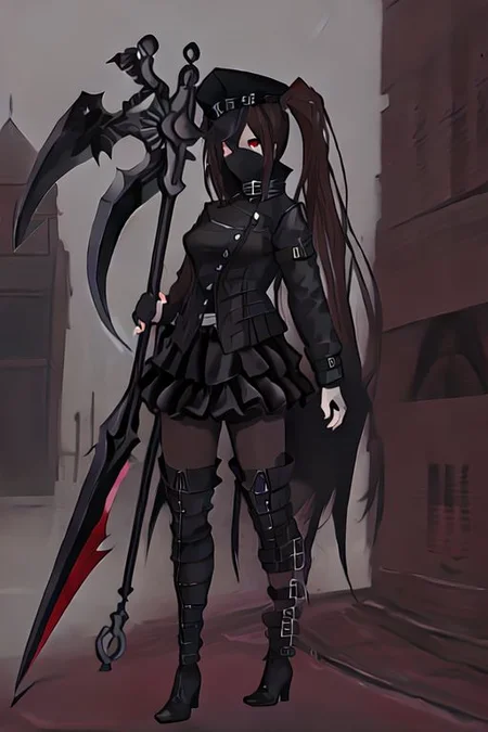 Succubus is a female with a long hair and red eyes, black police hat, wearing black bandanna that cover her face, black button jacket and short skirt, black thigh high boots, black gloves, black stockings, holding scythe,