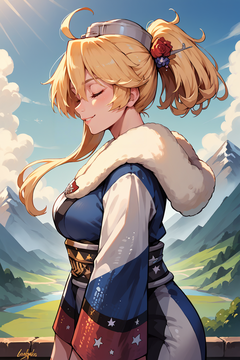 score_9, score_8_up, score_7_up, score_6_up, source_anime BREAK 1girl, solo <lora:iowa-pdxl-nvwls-v1-000005:1> nyIowa, blonde hair, short hair, ponytail, star-shaped pupils, headgear, hair flower, blue kimono, wide sleeves, fur trim, large breasts, from side, blue sky, mountains, closed eyes, smile