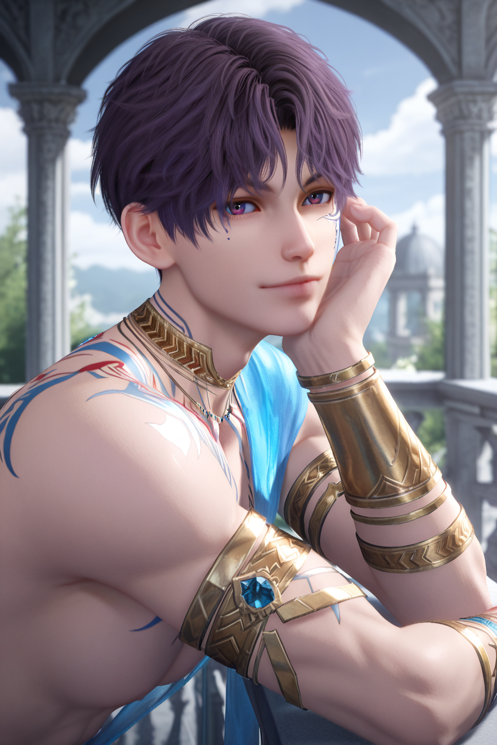 <lora:rafayel-IL-000008c:0.9>,Rafayel, 1boy, male focus, solo, short hair, looking at viewer, jewelry, blurry, necklace, tattoo, from side, blurry background, god of the tides, armlet, against railing, head rest, purple hair,  bara,male focus,very awa,masterpiece,best quality,amazing quality,nsfw,uncersored,highres,best quality,amazing quality,best aesthetic,absurdres,