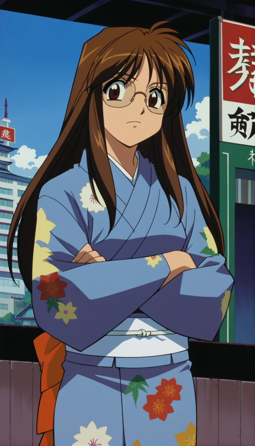 score_9,score_8_up,score_7_up,Nikaido Yoriko Pony,1990s \(style\),1girl,solo,brown hair,glasses,long hair,brown eyes,arms_crossed,kimono,<lora:Nikaido Yoriko Pony:0.9>,city,cowboy shot,
