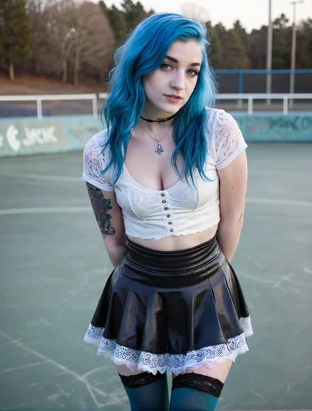 sggirl, 20yo, blue hair, realistic face, face close up, skin pores, standing in skate park, busty, thighhighs, skirt, lace top, pale, <lora:SG_emo_girl_SDXL:0.6>, photograph, cold lighting, cleavage,