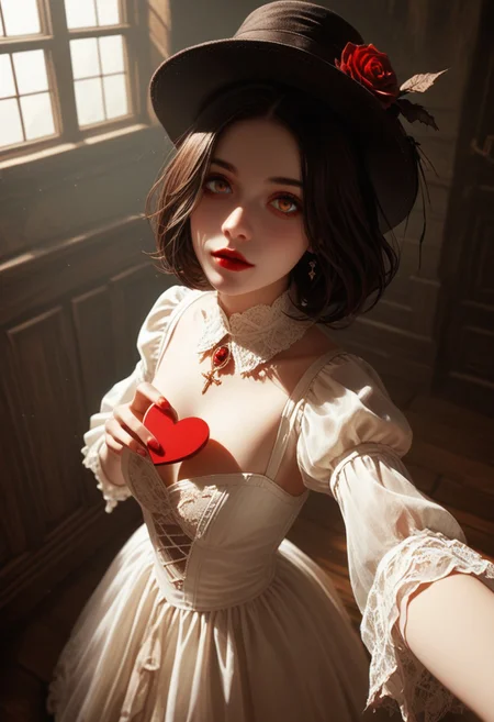 score_9, score_8_up, score_7_up, score_6_up, Expressiveh, 1girl, G0th1c M41d3n, young woman, white dress, red rose, medium breasts, holding heart_(organ), holding, outstretched arms, hat, horror, dark, fantasy, dramatic lighting, standing, from above, incoming gift