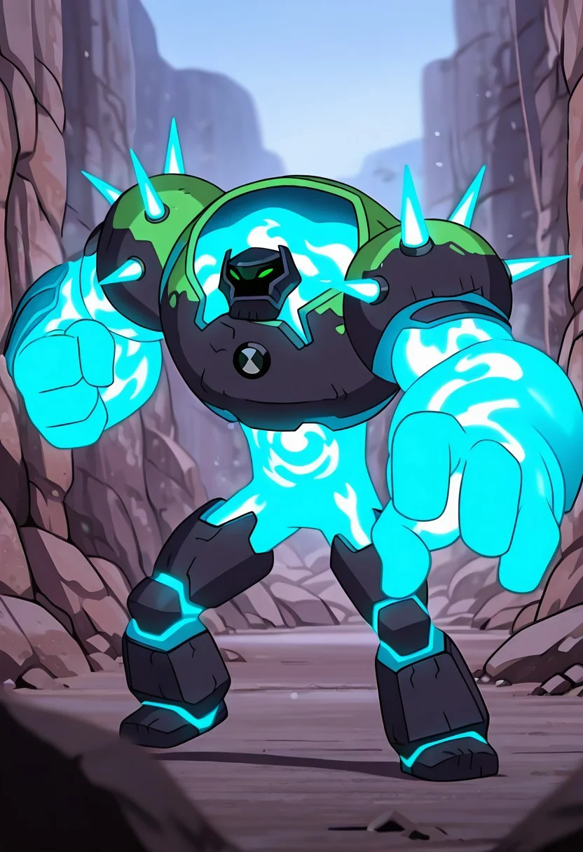 masterpiece, best quality, amazing quality, very aesthetic, absurdres, newest, , detailed background,
movie scene, cinematic scene, cinematic, foreground blur, depth of field,
shckrck, glowing, shoulder spikes, green eyes, helmet, neon trim, blue fire, big arms, massive arms, blue arms, no humans, male focus, dynamic pose, incoming punch,