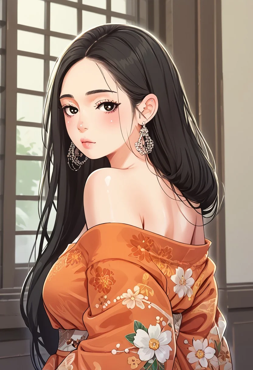 score_9, score_8_up, score_7_up,rating_explicit, mature female, milf, 1girl, solo, (( <lora:da_bo-jeong:1> , da_bo-jeong, thin waist, wide hips, beautiful skin, piercing dark brown eyes, clear eyes, bright pupils, beautiful eyes, beautiful black hair, beautiful long hair, huge and shaggy breasts, natural beauty, looking at viewer, smilling, blush, orange kimono,intricate details,white floral pattern, bare shoulders,(off shoulder), earings, (cowboy shot:1.3), from the side, side view,