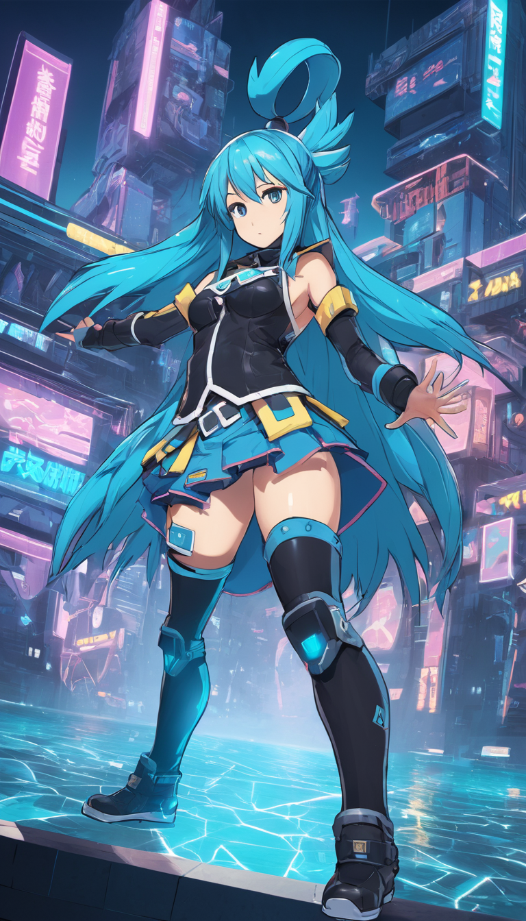 isometric style Aqua, Konosuba, (reimagined in a cyberpunk universe), (cyberpunk style), (cyberpunk), (cyberpunk outfit), augmentation, cybernetics, (cyberpunk outfit), (punk hair), glowing neon lights, cinematic scene, hero view, action pose, masterpiece, best quality, high quality, absurdres, vivid <lora:aqua_xl_v1:1> . vibrant, beautiful, crisp, detailed, ultra detailed, intricate