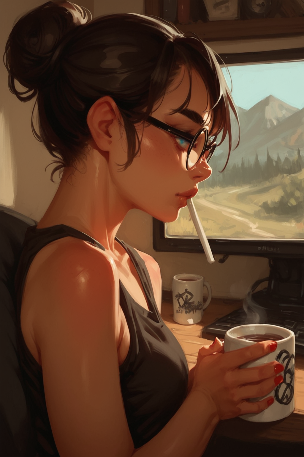 1girl, cup, solo, glasses, mug, holding cup, holding, black hair, drinking, round eyewear hair bun, monitor, , tank top, coffee mug, dark, indoors, upper body, , print mug, from side, single hair bun, bare shoulders, profile, short hair, brown hair, nail polish, black-framed eyewear, nose, blue eyes, red  fingernails,, zPDXL3, detailxl,  Score_PnyReal, (lineless:1.5)