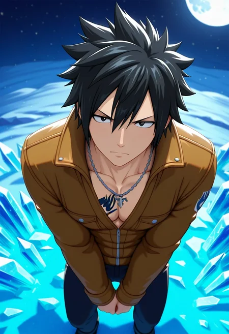 masterpiece, best quality, , (3d:0.4), , 1boy, solo, male focus, <lora:gray_fullbuster_ilxl:0.9>, gray_fullbuster, black hair, black eyes, spiked hair, hair between eyes, tattoo, necklace, from above, cold, ice, night, full moon, v arms, relaxed, texan costume