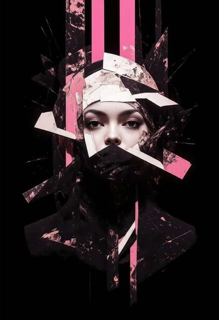 A mesmerizing portrait, rendered in a mix of pink charcoal and soft pink mechincal robitic. The face is illuminated by delicate, sparkling light rays cascading from above, highlighting sharp, angular features—high cheekbones, a strong jawline, and piercing eyes that glow faintly with a hint of pink. The rest of the figure is cloaked in deep, velvety shadows, with subtle textures of charcoal strokes adding depth and intensity. The light rays create a dreamy, ethereal effect, with tiny sparkles scattered throughout the beams. The background is entirely black, emphasizing the contrast between light and dark, while the pink accents add a touch of warmth and magic. The style is hyper-realistic yet artistic, with a focus on texture, contrast, and the interplay of light and shadow.