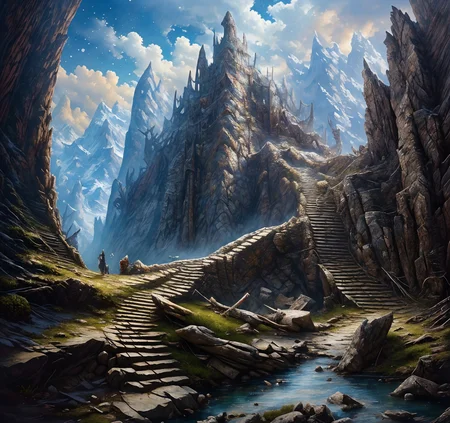 RAW photo, (masterpiece:1.3), subsurface scattering, heavy shadow, (high quality:1.4), (intricate, high detail:1.2), professional color photography, HDR, High Dynamic Range, realistic, ultra realistic, photorealistic, high resolution, film photography, ambient lighting, atmospheric effects, <lora:detail_slider_v4:2>, OverallDetail, <lora:storybook_last:1>, <lora:FantasyMountains:1>, blue sky, cliff, cloud, day, fanmou, flower, forest, full armor, grass, hill, holding shield, landscape, mountain, mountainous horizon, nature, night, no humans, outdoors, rock, ruins, scenery, sky, staff, stairs, standing, water, winter