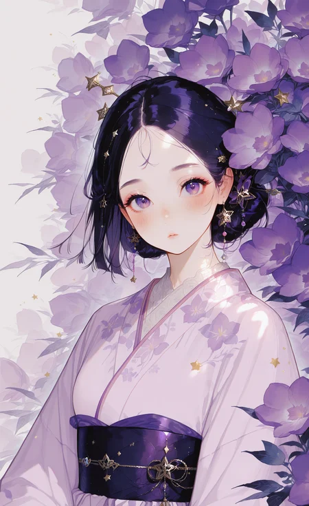 masterpiece, best quality, good quality, very aesthetic, absurdres, newest, from_side,upper_body, 1girl, solo,blush, black_hair, hair_ornament, jewelry, purple_eyes, purple_hair, flower, earrings, parted_lips, japanese_clothes, medium_hair, hair_flower, kimono, star_\(symbol\), looking_to_the_side, sash, floral_print, obi, star_hair_ornament, purple_flower, yukata, print_kimono, purple_kimono, looking_at_viewer, <lora:ponyv5_noobE11_1_adamW-000013:1> <lora:zzziGnXL_il_lokr_V531:0.7> <lora:wl-illV1-000017:1>