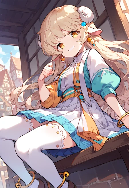 score_9,score_8_up,score_7_up,source_anime,zPDXL3,fantasy,town,wooden bench,sitting,smile,from below,
*//*,<lora:Lara_v1.2-000008:1>,1girl,lara,blonde hair,long hair,white horns,yellow eyes,sheep ears,skirt,white thighhighs,puffy short sleeves,brown shoes,earrings,anklet,bell,
*//*,looking at viewer,cowboy shot,dutch angle,dynamic pose,