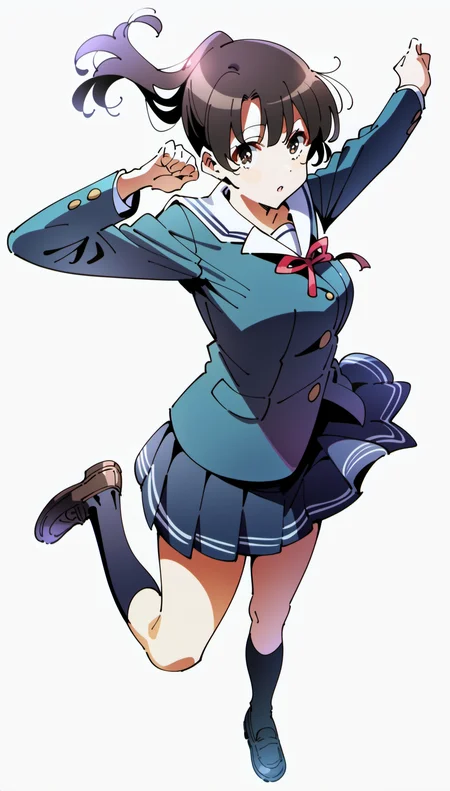 score_9,score_8_up,score_7_up,
<lora:megumikato:0.9>,
megumikato,
1girl,solo,black hair,bangs,ponytail,brown eyes,pupils,looking at viewer,parted lips,navy blue school blazer,long sleeves,red ribbon tie,pleated skirt,purple kneehighs,brown leather shoes,full body,jumping,bending knees,in air,stretching arms in front with clasped hands,dynamic pose,white background,