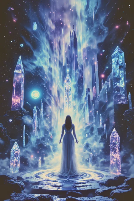 A sorceress stands before a wall of floating crystals, each one showing a different scene in perfect clarity. Her robes are made of transparent fabric that refracts light like liquid crystal. Her staff is topped with a perfect sphere of clear crystal that emits beams of white light. The crystals around her arrange themselves in geometric patterns, while small prisms orbit her form. The floor beneath her feet transforms from stone to crystal in expanding circles.dramatic lighting , detailed background Fantastic lighting. Detailed shadows.intricate details, vivid colors, hyper-detailed, ultra-sharp, High resolution, high detail. Highly detailed. <lora:OBæç«å¾äººåæå½±Instant camera portrait photography V2.0:1.0>, <lora:Dark side of light:0.55>, <lora:aidmaFLUXPro1.1-FLUX-v0.3:1.0>, <lora:Glitchcore_Flux:0.8>,