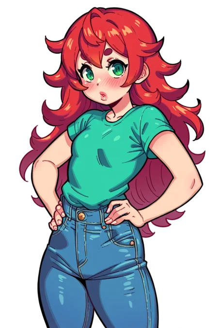 <lora:Hard-Degenerate:1>, score_9, score_8_up, score_7_up, score_6_up, score_5_up, rating_questionable, source cartoon
1girl, pretty face, pretty eyes, detailed eyes, HD eyes, thick thighs
hands on hips, standing, cowboy shot
looking at viewer, blush, eyebrows, long hair, red hair, green eyes jeans, green t-shirt, boots, high waisted jeans
simple background, white background