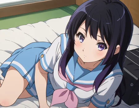 score_9, score_8_up, score_7_up, source_anime,
reinakousaka, <lora:reina-kousaka-ponyxl-lora-nochekaiser:1>,
reina kousaka, long hair, bangs, black hair, purple eyes,
skirt, shirt, school uniform, white shirt, short sleeves, pleated skirt, serafuku, sailor collar, blue skirt, neckerchief, blue sailor collar, school bag, pink neckerchief, kitauji high school uniform,
indoors, bed, bed room, on side, blush, drunk,
looking at viewer, cowboy shot, dutch angle,
