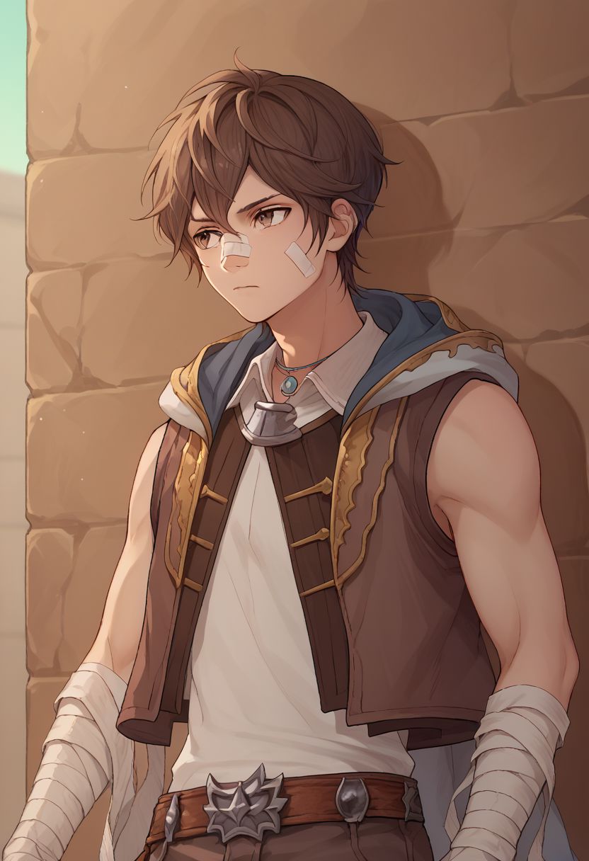 score_9, score_8_up, score_7_up, source_anime, highly detailed, skinny,
ayer, male focus, bandages, hood, 1boy, solo, bandaged arm, brown hair, brown eyes, sleeveless, bandage on face, belt, pants, hood down, expressionless,
outdoor, upper body,