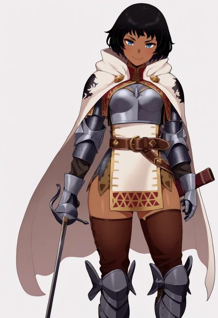 masterpiece, best quality, very aesthetic, absurdres,
1girl, mercedesmarten black hair, short hair, blue eyes, dark skin,
armor, cape, belt, breastplate, greaves, pelvic curtain, scabbard, shoulder armor, thighhighs,
holding a sword,
smile,
looking at viewer, solo, (simple background, white background:1.3), <lora:MercedesMartenNoobXL_byKonan:1>