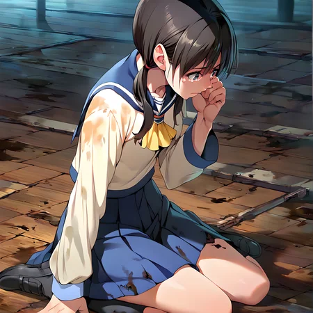 <lora:pony_xl_ayumi:0.8>,ayumi,score_9,score_8_up,score_7_up,source_anime,1girl,serafuku,long sleeves,ascot,blue skirt,wrinkling of clothes,pleated skirt,darkness,night,abandoned school building,wood floors,cracked floor,thin dirty walls,there's a black stain on the wall,black stain,remodernism,kneeling,fear,tearing_up,the girl is scared,closed_mouth,