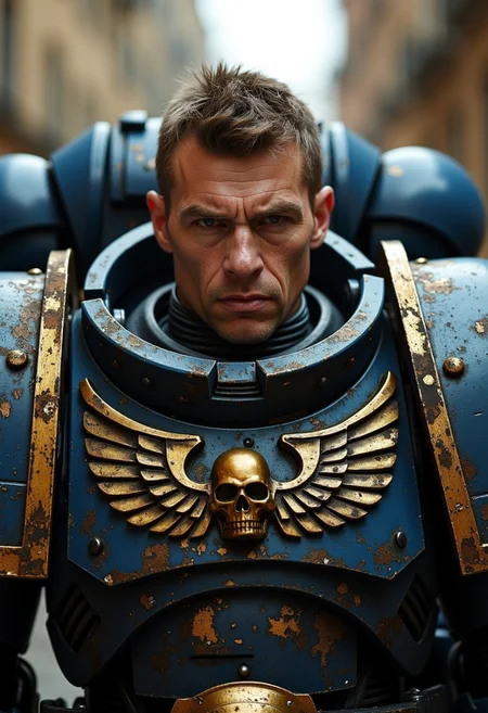 Warhammer 40k space marine, male portrait, serious and determined look at you