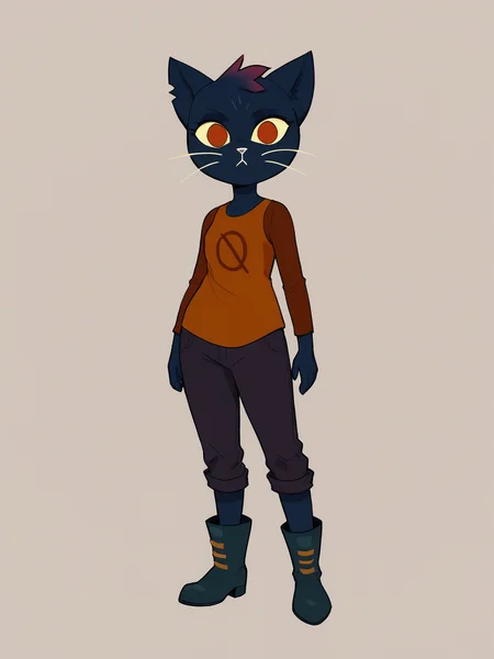 score_9, score_8_up <lora:MaeBorowski-PONY:0.8> mae borowski, night in the woods, female, standing, solo, full body, simple background, looking at viewer, shirt, pants, boots