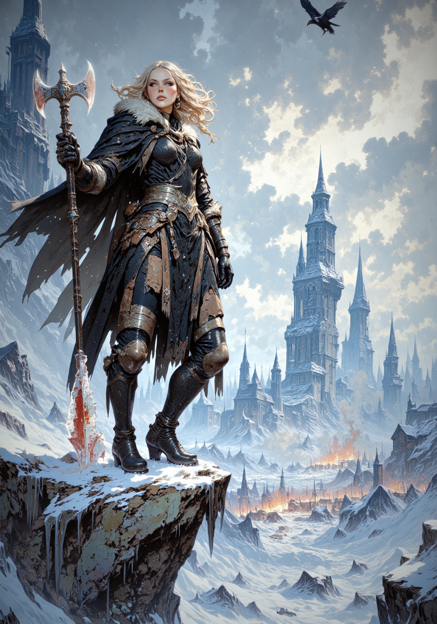 A fierce Viking warrior woman stands atop a snow-covered cliff, her breath visible in the frigid air. She is clad in intricately detailed leather and fur armor, adorned with runes and small metal charms that glint in the pale sunlight. Her long, braided blonde hair whips in the wind, and her piercing blue eyes scan the horizon for signs of danger. In her hand, she grips a massive battle axe, its blade stained with frost and blood.

Behind her, the frozen tundra stretches endlessly, dotted with jagged ice formations and the skeletal remains of ancient beasts. A distant village smolders in the valley below, its wooden huts burning against the stark white landscape. The sky is a swirling mix of gray and pale blue, with the faint silhouette of a raven circling overhead. The air is filled with the sound of crackling fire and the distant howl of wolves, creating an atmosphere of both triumph and desolation.

Every detail, from the texture of her fur cloak to the frost on her axe, is rendered with vivid realism, capturing the harsh beauty of the frozen north and the unyielding spirit of the warrior who calls it home."