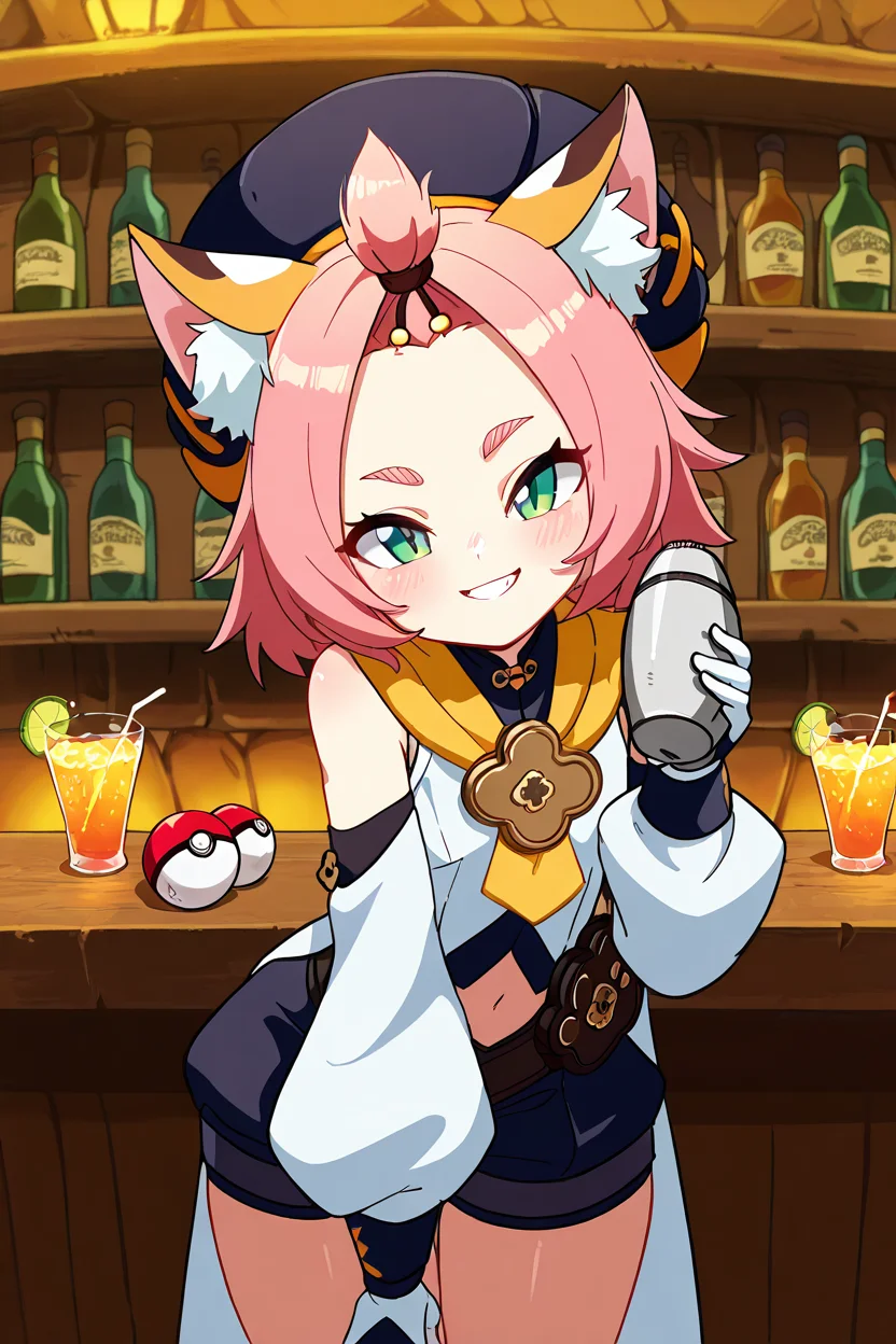 masterpiece, best quality, zzDiona, green eyes, hair ribbon, pink hair, short hair, animal ears, cat ears, animal ear fluff, cat girl, short hair, bangs pinned back, hat, forehead, detached sleeves, long sleeves, gloves, shorts, holding a cocktail shaker, standing behind a bar counter, tavern background, glowing drinks, cheerful expression, cozy atmosphere, detailed lighting, smile, grin, ,<lora:DionaGenshinIXL:1.0> , <lora:DiivesIXL:1.0>,(holding pokeball), dynamic pose, cowboy shot, leaning forward, smile, looking at viewer, shiny skin,