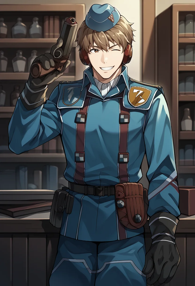score_9, score_8_up, score_7_up, 1boy, solo, looking at viewer, grin, wink, hand up, holding gun, BREAK <lora:WelkinVC-pdxl:1> welkinVC, short hair, garrison cap, headphones, military uniform, blue jacket, long sleeves, belt, pouch, gloves, blue pants, indoors, shelf