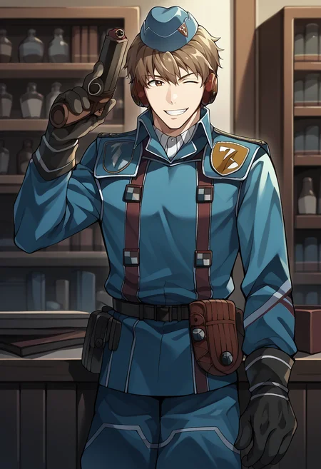 score_9, score_8_up, score_7_up, 1boy, solo, looking at viewer, grin, wink, hand up, holding gun, BREAK <lora:WelkinVC-pdxl:1> welkinVC, short hair, garrison cap, headphones, military uniform, blue jacket, long sleeves, belt, pouch, gloves, blue pants, indoors, shelf