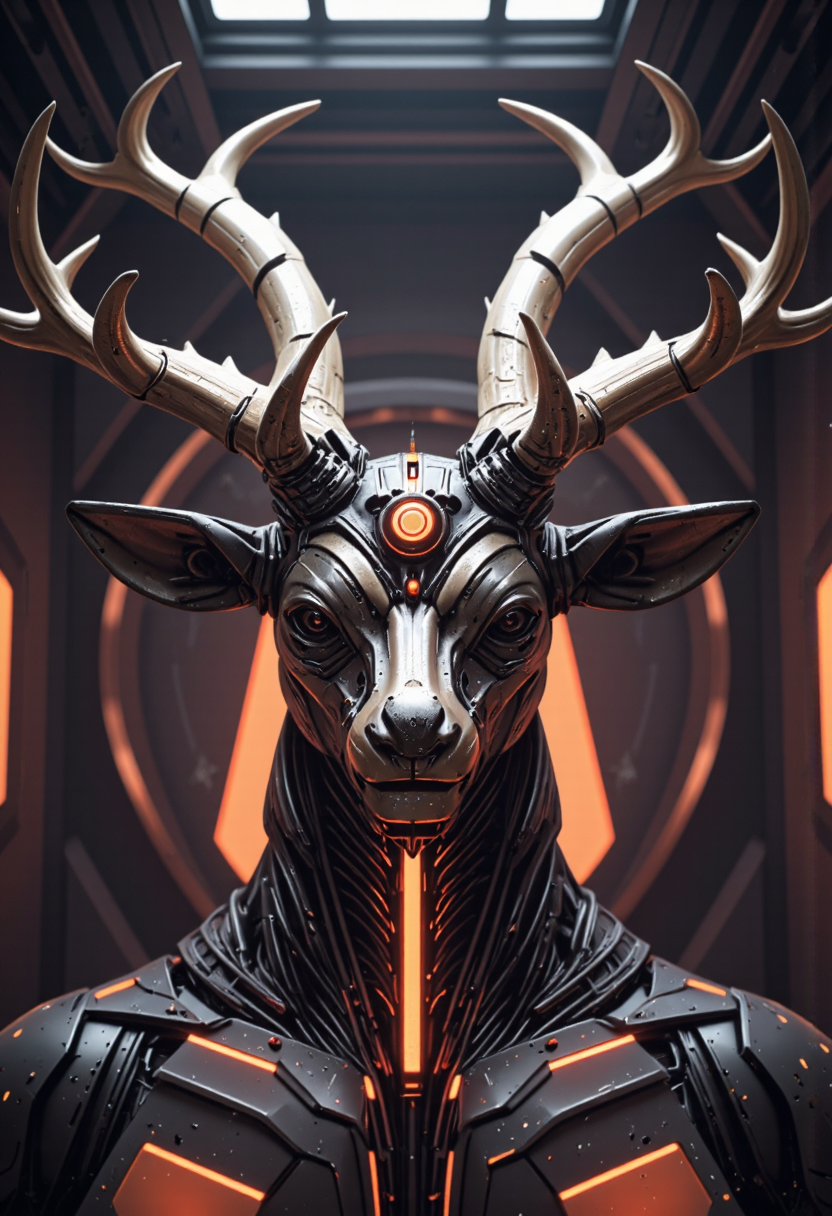 A deer with antlers depicted as symmetrical fractals.,<lora:geometric_shapes_v1.0:1.0>, geometric_shapes, <lora:ck-Sci-Fi-Concepts-000015:0.2>, in the style of ck-sfc, <lora:scifi-robot-flux-v1:0.2>, scifi robot, <lora:scifi-room-flux-v1:0.2>, scifi room, <lora:Sci-fi_env_flux:0.2>, <lora:UNI_FI_NoCAP:0.2>, cinematic lighting, futuristic, sci-fi, plastic, glossy paper, iso150, 35mm, score_9, intricate details, Hyperrealism style, 3d, concept-art, dreaminess, psychedelic, shallow-depth-of-field, cinematic lighting, soft bokeh, very beautiful composition, Unreal, real-time 3D, Epic Games style, Unreal Engine style, 3d-rendering, vibrant contrast depth and shadow enhanced using (Gaussian blur) for a soft background focus, (sharpen filter) applied, (color grading) to enhance contrast between warm and cool tones, (noise reduction) for a smooth, clean finish, (HDR toning) used for extra depth and detail, highly detailed dreamy background detailed skin texture, subsurface scattering award-winning, professional, highly detailed, dreamlike, mysterious, provocative, symbolic, intricate, detailed, hyper-detailed, masterpiece, award winning, midjourneyv6.1