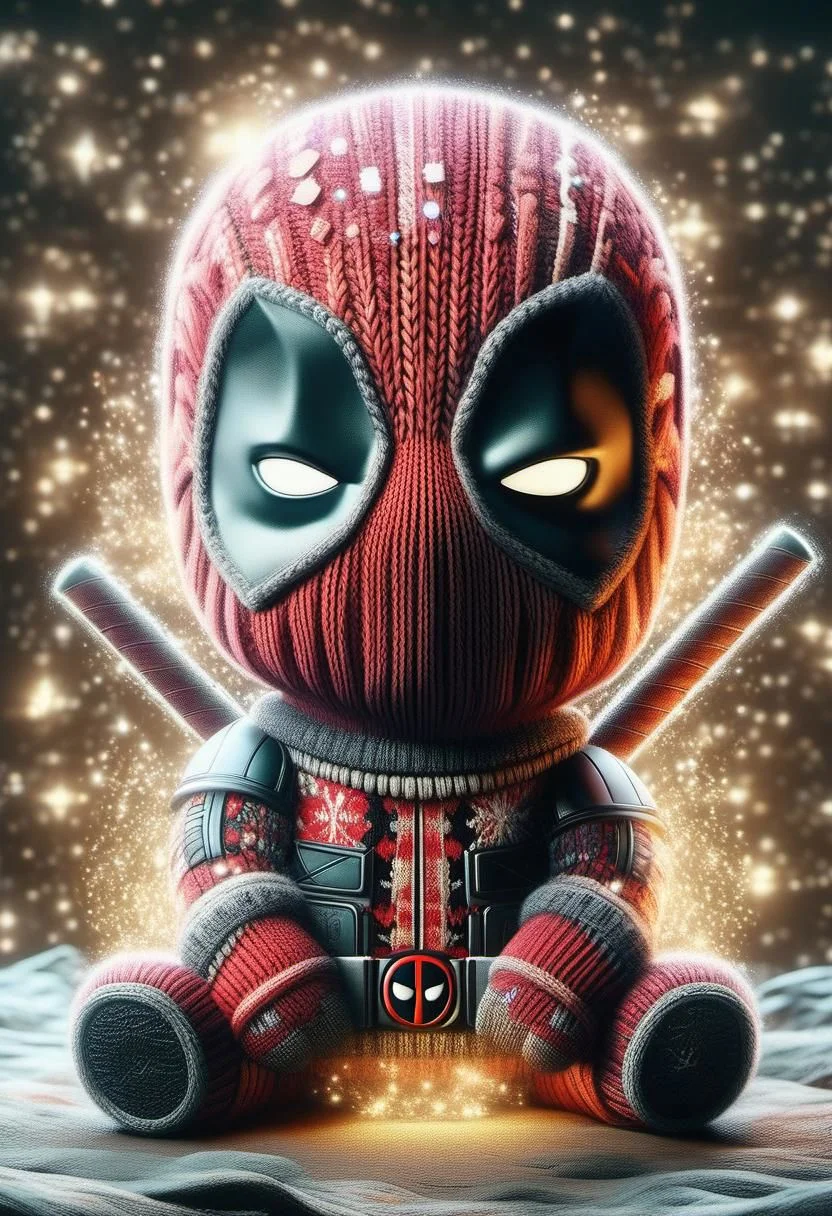 christmassweater, Highly detailed Dynamic shot of majestic adorable deadpool, high quality, beautiful masterpiece, fantasy creature, kawaii, digital art, glowing sparkles