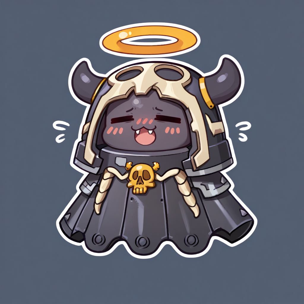 score_9, score_7_up BREAK Takodachi, cosplay,alternate costume,no humans, chibi, octopus, halo, closed eyes, :3, blush, fang, open mouth,simple background,outline,  edgAdepta,power armor,skull emblem <lora:ChamTakodachiPonyXL:1> <lora:edgAdeptaSororitasPonyv1:0.7>