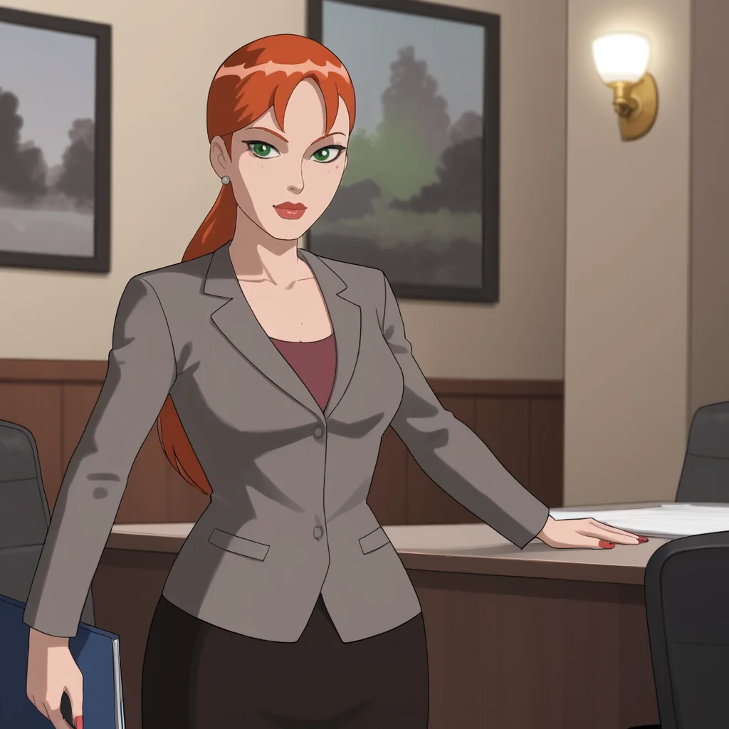 <lora:pepperpottsemh_pony_v1:.7> pepperpottemh, 1girl, pencil skirt, green eyes, grey jacket, lipstick, ponytail, red hair, earrings, jewelry, makeup, black skirt, office lady, formal, long hair, suit, shirt