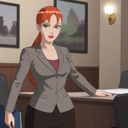 <lora:pepperpottsemh_pony_v1:.7> pepperpottemh, 1girl, pencil skirt, green eyes, grey jacket, lipstick, ponytail, red hair, earrings, jewelry, makeup, black skirt, office lady, formal, long hair, suit, shirt