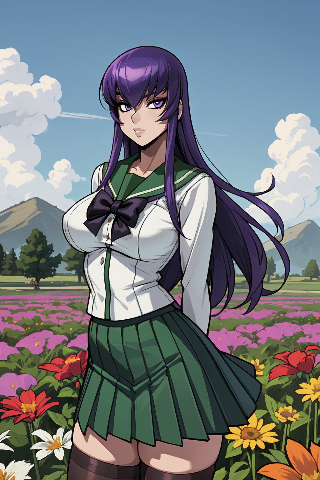 1girl, (solo:1.2), curvy, (masterpiece:1.2), (best quality:1.2), (perfect anatomy:1.4), (interacting with the viewer while facing him in a dynamic pose in motion), (arms behind back:1.3), cute, closed mouth, (large breasts:1.4), (cowboy shot:1.4), <lora:Donburikazoku [MockAi - v1.0]:0.8> donburikazoku, simple shading, simple lineart, comic style, <lora:HotD - Saeko Busujima [psoft - v1.0]:1> busujima saeko, saeko busujima, long hair, purple hair, (purple eyes:1.1), hair between eyes, green sailor collar, (pleated skirt:1.4), long green skirt, white shirt, (long white school uniform sleeves:1.2), black bow, (black thighhighs:1.2),, (field of flowers scenery:1.4), midday, outside, lavish nature