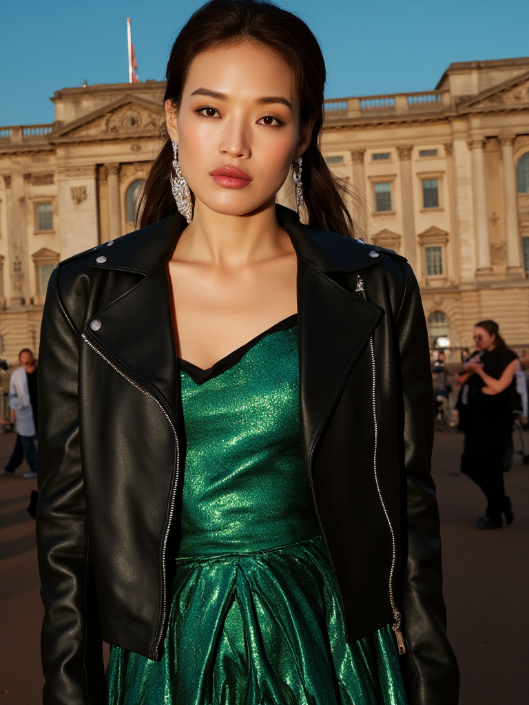 In front of Buckingham Palace, a girl with classic beauty and flawless skin commands attention. She wears a shimmering, emerald-green evening gown made of Reflective Iridescent Fabric, which glows under the soft light of the palace lamps. Over the dress, she wears a structured, black leather jacket with silver zippers, adding a touch of modernity. Her posture is graceful, and her expression is one of quiet confidence. The historic palace stands majestically in the background, its grandeur contrasting with her glamorous and futuristic outfit. The image is captured in a hyper-realistic style, emphasizing the texture of her dress and the elegance of her attire. There are wonderful studio lights and various reflections,her thin face is very delicate,
18yo beautiful cute asian girl with blushing and female orgasm,looking at viewer,she skin is naturally showing the texture of blood vessels and detailed pale skin,
--,
--,<lora:Hsu_Chi_majicf1_rank2_bf16:1>,she is Hsu Qi,a super model,
--,
--,