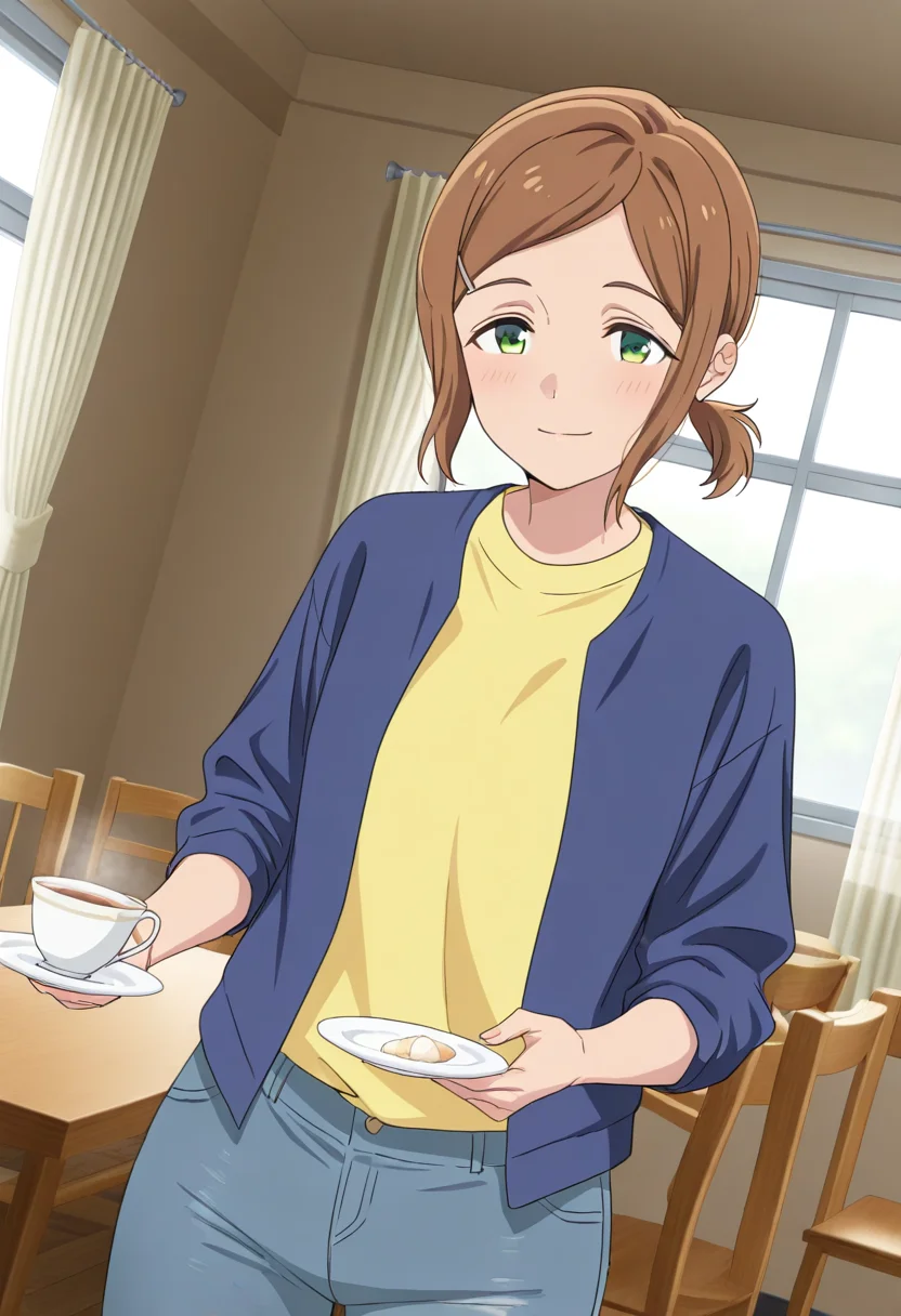 masterpiece,best quality,absurdres,perfect lighting,indoors, curtains, window, table, chair, food, teacup, plate,
*//*,<lora:HealerGirl_ShokoNagisa-Illustrious:1>,shoko_nagisa,1girl,solo,brown hair,short hair,ponytail,green eyes,hairclip,yellow shirt,blue jacket,pants,denim,
*//*,looking at viewer,cowboy shot,dutch angle,dynamic pose,light smile,