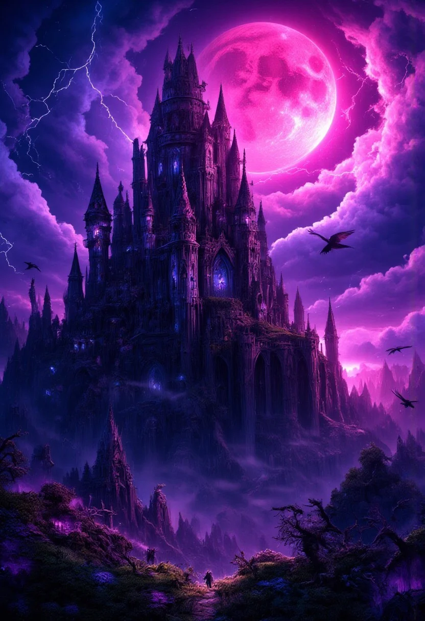 An epic, gothic horror castle with a dark pink and purple motif, looming ominously on a jagged cliffside, shrouded in swirling, violet mist under an enormous, glowing magenta moon. The castle towers high with spiked spires and elaborate, twisted architecture, carved from dark stone that absorbs the deep pink and purple hues of the moonlight. Gothic arched windows emit faint, haunting glows in shades of amethyst, while thorny iron gates and creeping vines twist around the weathered walls. The sky is filled with rolling, purple-tinted storm clouds, with flashes of violet lightning that illuminate the castle’s silhouette. A misty path leads through dead, gnarled trees covered in eerie, purple moss, with ravens with violet-tinted feathers perched menacingly. The atmosphere is surreal and otherworldly, casting an enchanting yet foreboding aura in vibrant shades of dark pink and purple, blending gothic horror with a mystical, dreamlike beauty