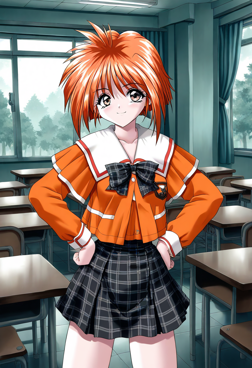general,highres, ultra-detailed,very aesthetic,best quality ,best hands, BREAK <lora:Kawahara_Ayano_Akumu_AoiKajitsunoSange_IS:1>
Kawahara_Ayano, 1girl, solo, short hair, orange hair, small breasts, gray eyes, bangs, 
smile,
orange school uniform, plaid skirt,  white and black skirt, 
ribbon,  hands on own hip,,  
braid, plaid bow, forest,  long sleeves, 
class room, curtain,