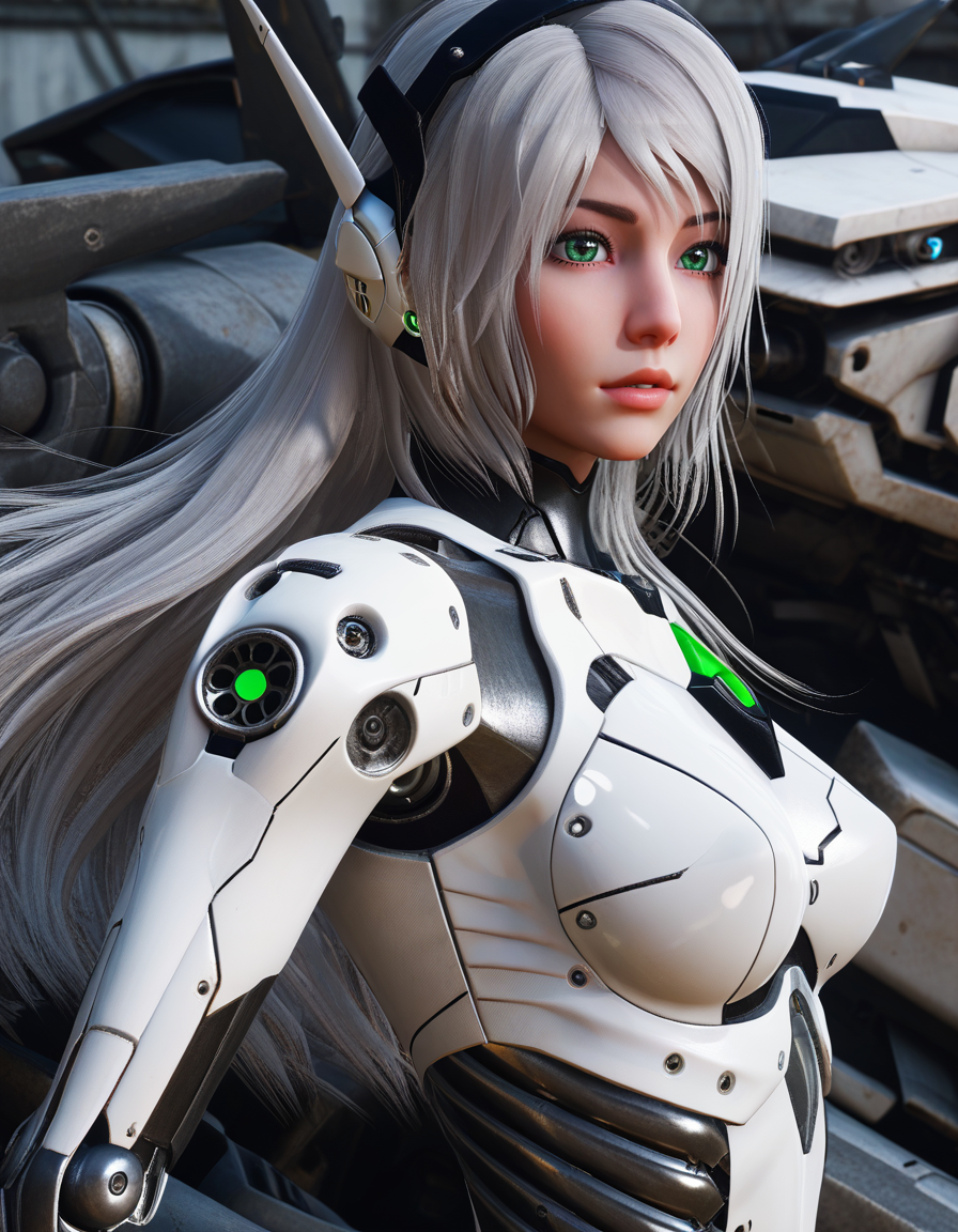 score_9, score_8_up, score_7_up, realistic style photo, 1girl, d4rk4l3x, white hair, green eyes,  mecha musume, mechanical parts, robot joints, headgear, realistic, , view from the side, <lora:Dark_Alex_Pony_v1.0:0.85>  <lora:AMechaSSS:0.5>