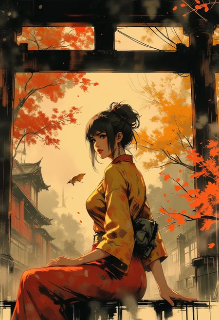 in the style of ck-mgs, nistyle, Special Ink-drawing mode, intricate linework with expressive contrasts, Mh1$AgThS2, Inkplash art on rice paper, sepia, henna , Silhouette Art, magnificent, inksplash image of stunning japanese woman, gold and red cheongsam, sitting in front of tori gate, facing viewer, dappled sunlight