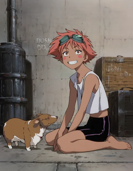 score_9, score_8_up, score_7_up, <lora:cowboy-bebop-ponyxl-000020:1> ed0wa5d, blush stickers, goggles on head, white tank top, bike shorts
1girl, looking at viewer, v, dog, grin, sitting, crate, wall